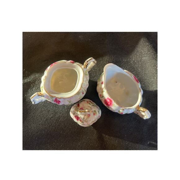 Vtg Lefton China Miniature Creamer & Covered Sugar Pink Rose Chintz NE794R Japan - Picture 7 of 10